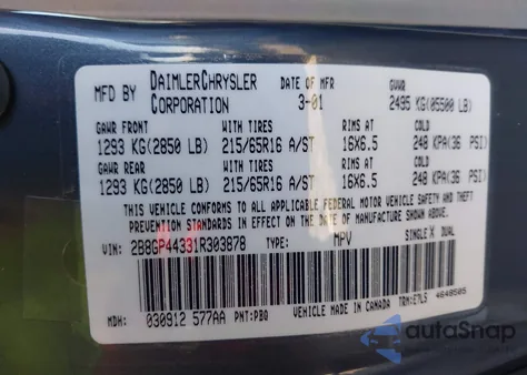 2001 Dodge Caravan Sport из США, поврежденный, VIN 2B8GP44331R303878